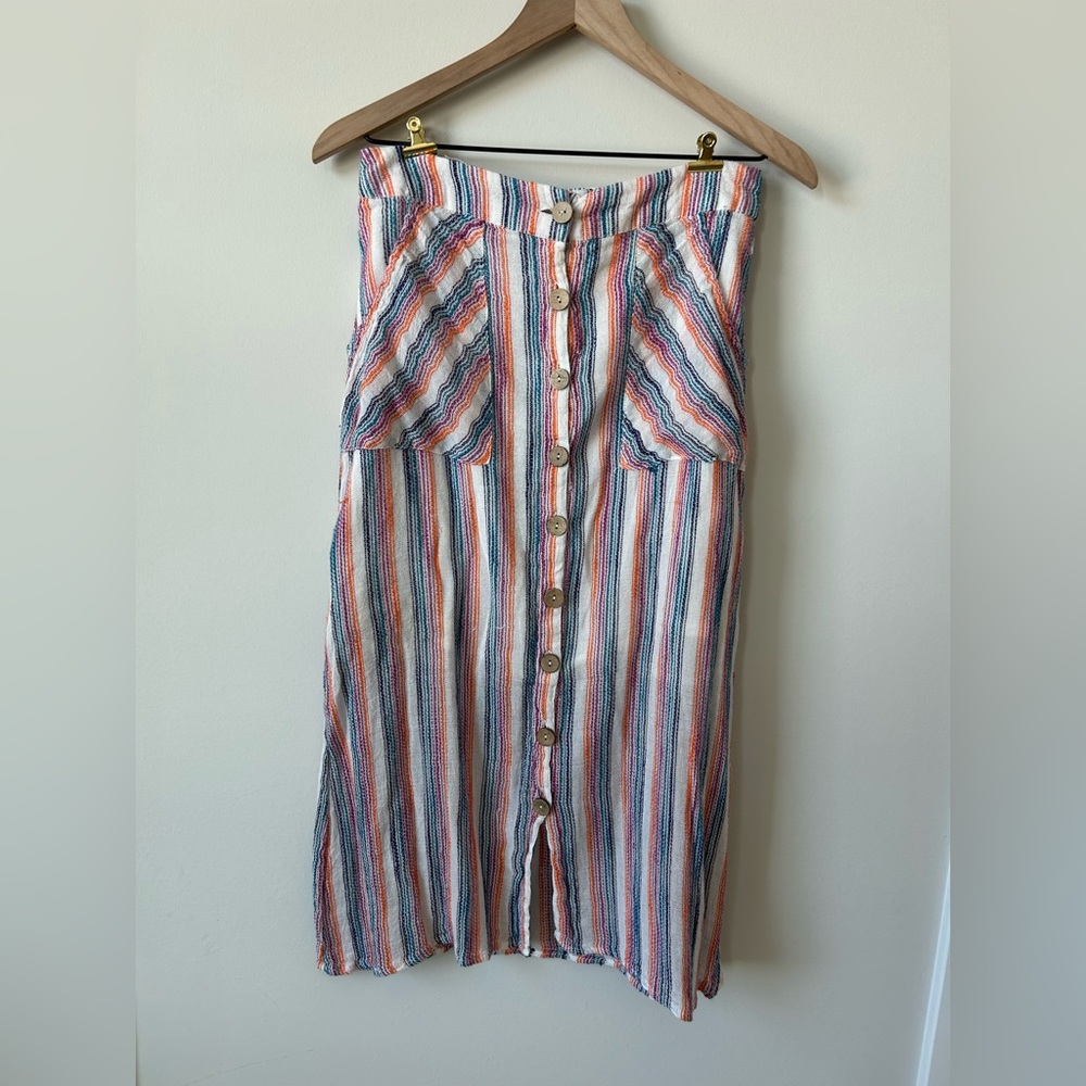 Coastal Boho Striped Midi Skirt | Button Front | Raw Hem | Medium